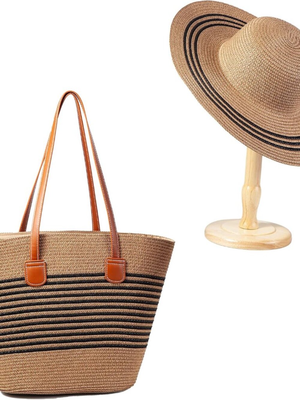 Womens Large Capacity Straw woven Tote with Hat, Summer Beach Shoulder Bag for S